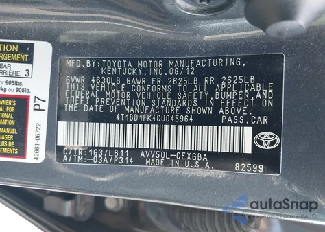 2012 Toyota Camry Hybrid Xle z USA, uszkodzony, nr VIN 4T1BD1FK4CU045964